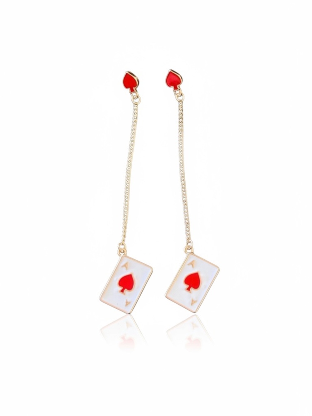 Red Ace Spades Enamel Gold Chain Long Dangling Lightweight Las Vegas 3" Earrings